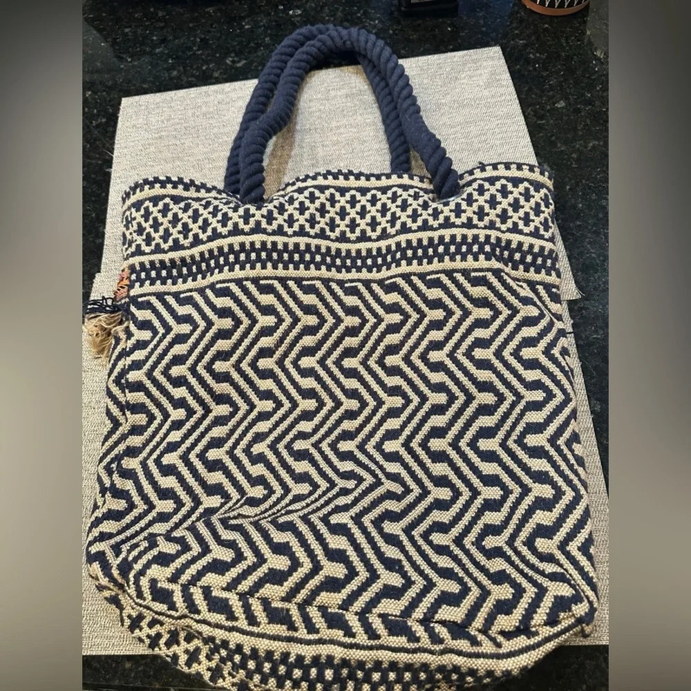 Bohemian Navy and Tan Woven Tote Bag
